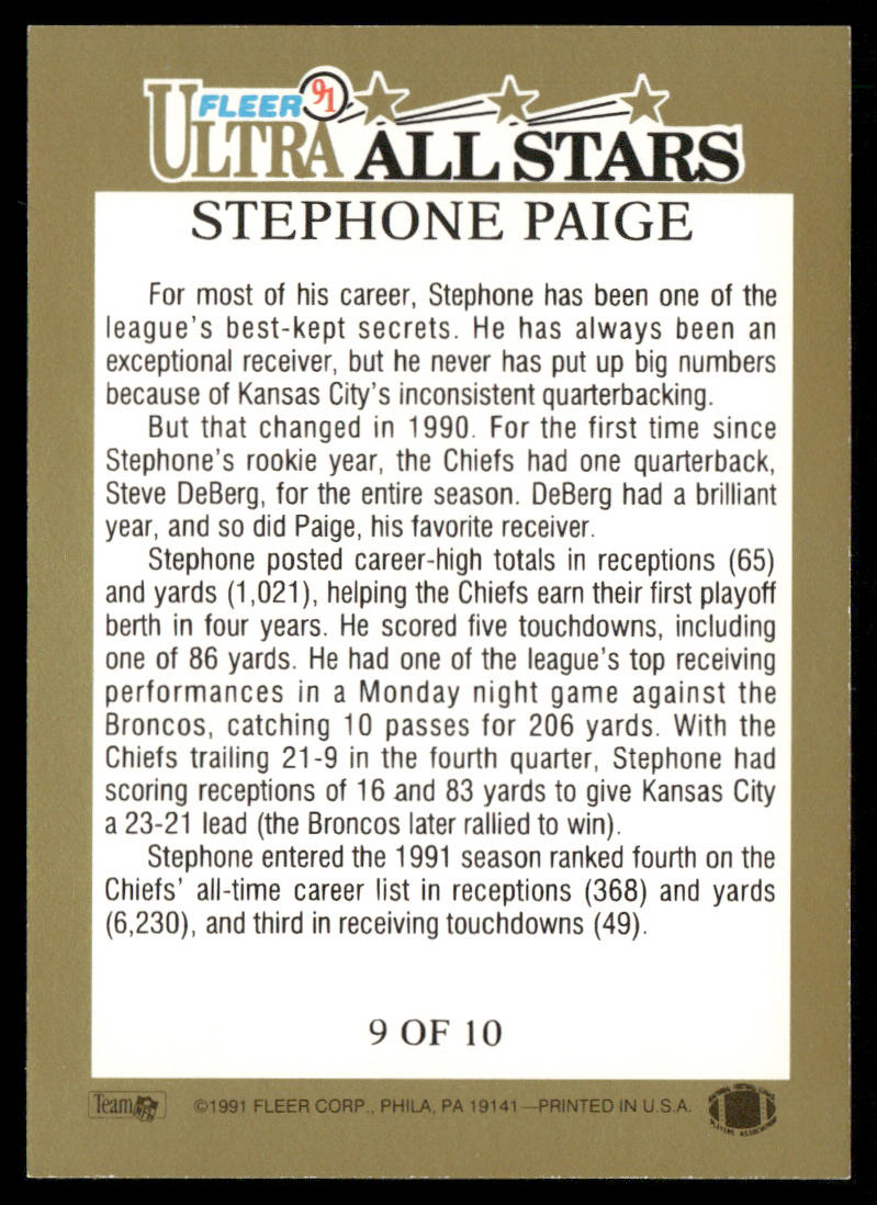 Stephone Paige 1991 Ultra Ultra All Stars #9 Kansas City Chiefs