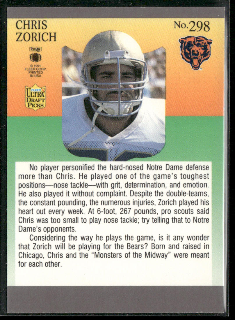 Chris Zorich 1991 Ultra #298b RC Chicago Bears