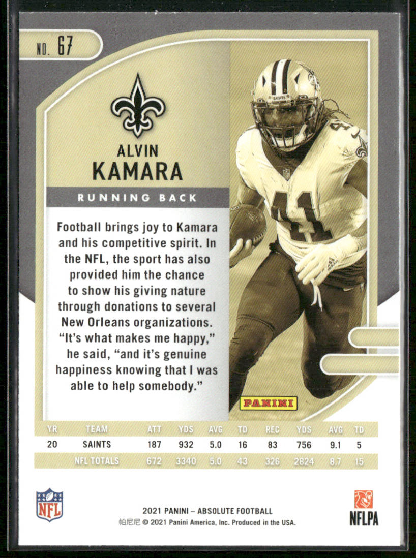 Alvin Kamara 2021 Panini Absolute #67 New Orleans Saints