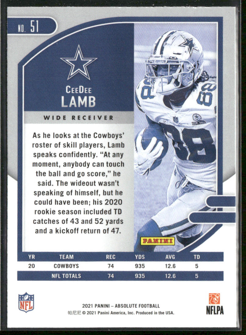CeeDee Lamb 2021 Panini Absolute Red #51 Dallas Cowboys
