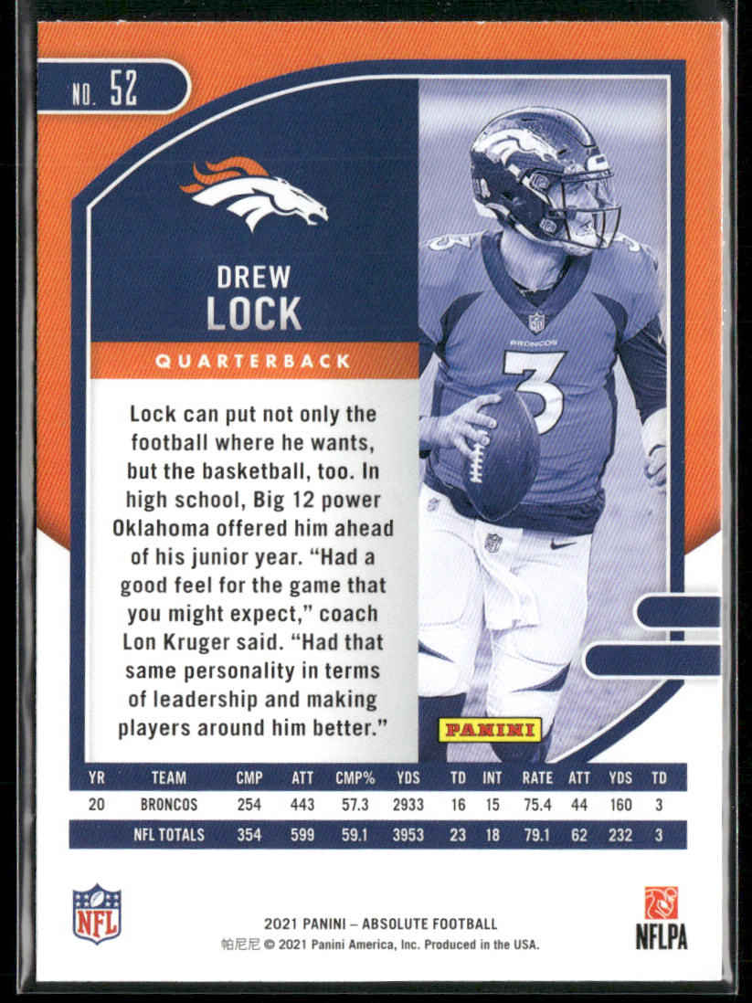 Drew Lock 2021 Panini Absolute #52 Denver Broncos