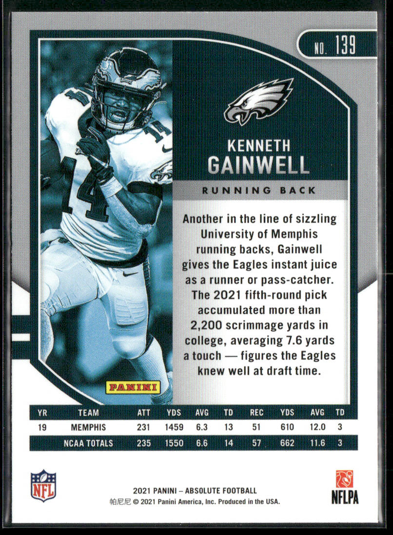 Kenneth Gainwell 2021 Panini Absolute Yellow #139 Philadelphia Eagles