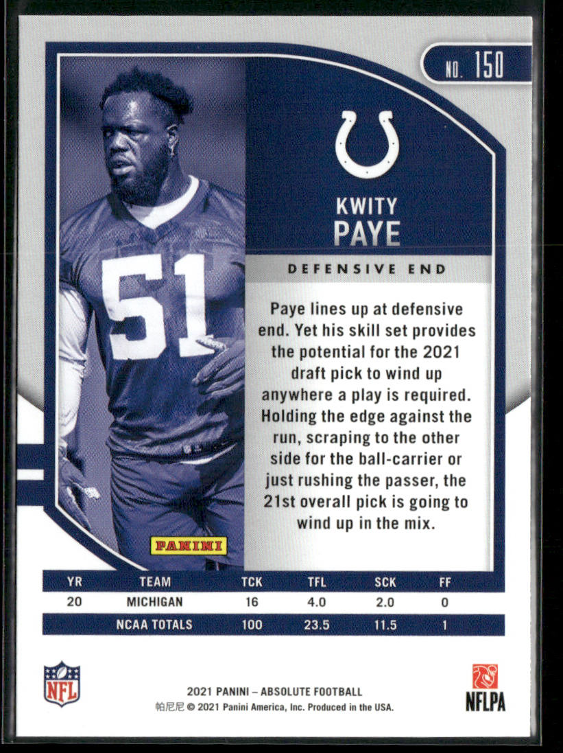 Kwity Paye 2021 Panini Absolute #150 Indianapolis Colts