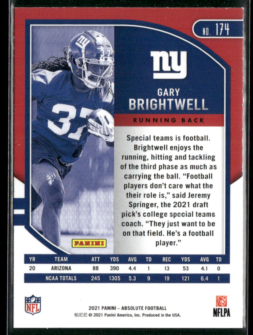 Gary Brightwell 2021 Panini Absolute Green #174 New York Giants