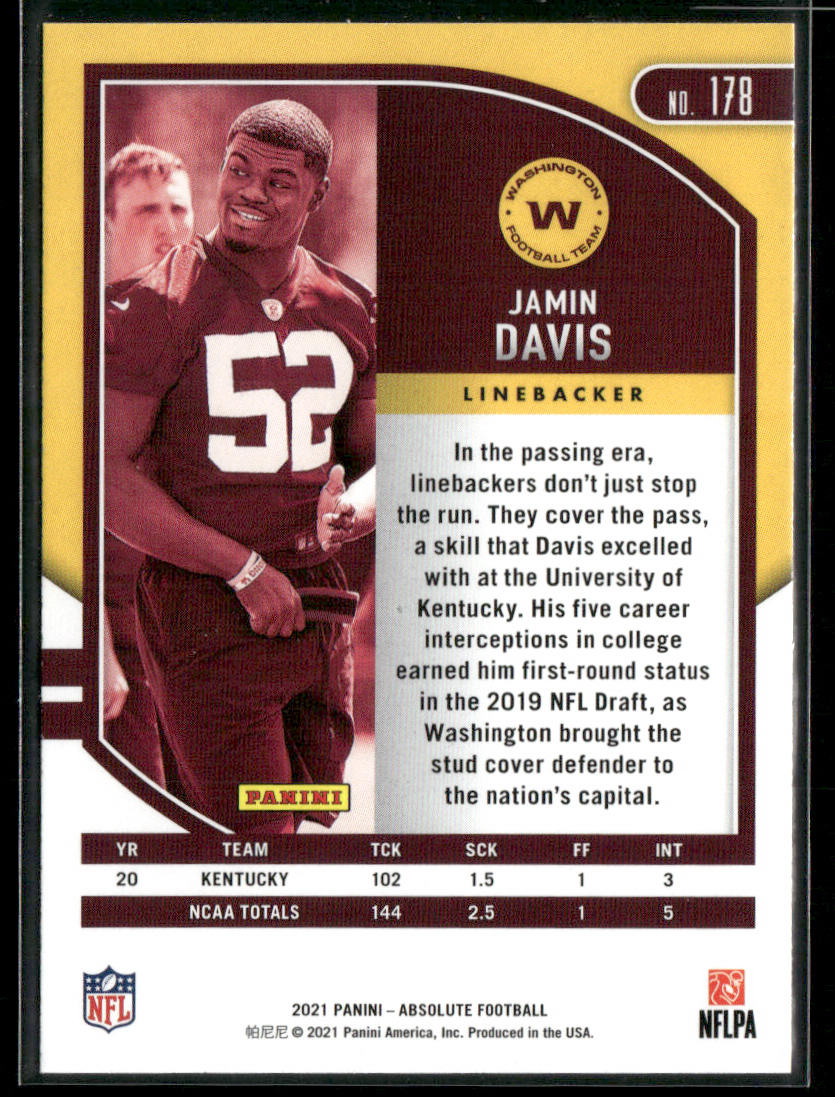 Jamin Davis 2021 Panini Absolute Green #178 Washington Football Team