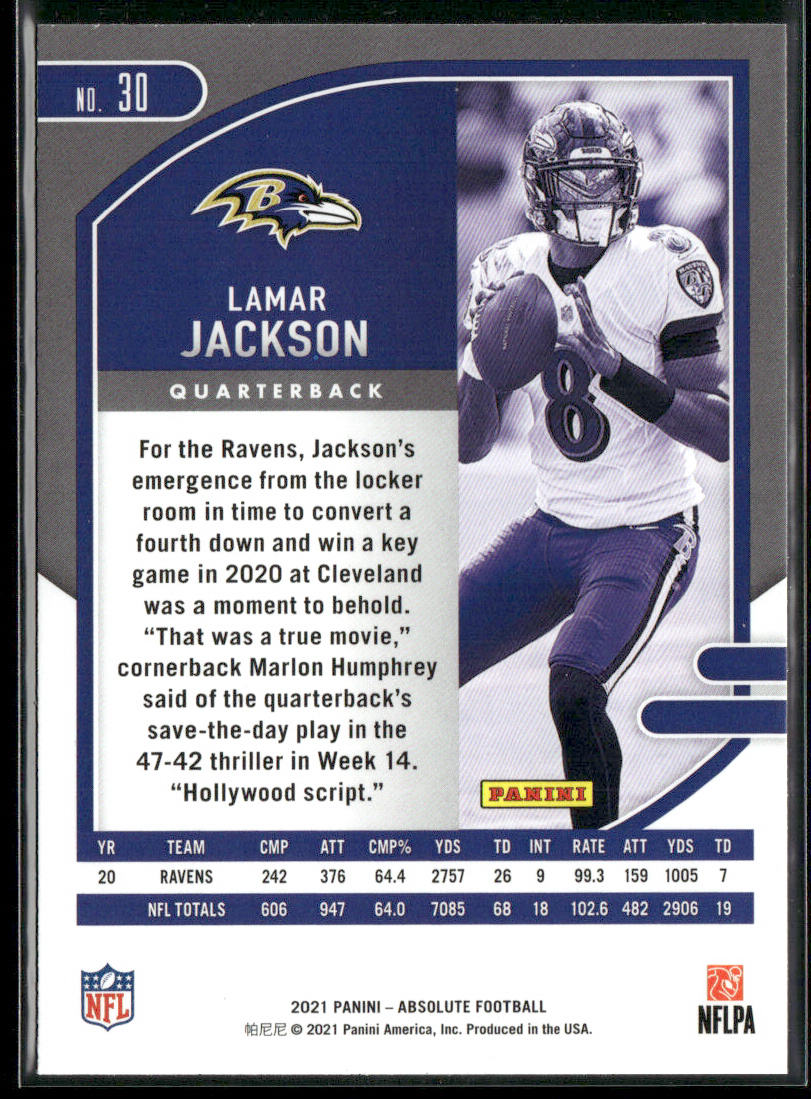 Lamar Jackson 2021 Panini Absolute Green #30 Baltimore Ravens
