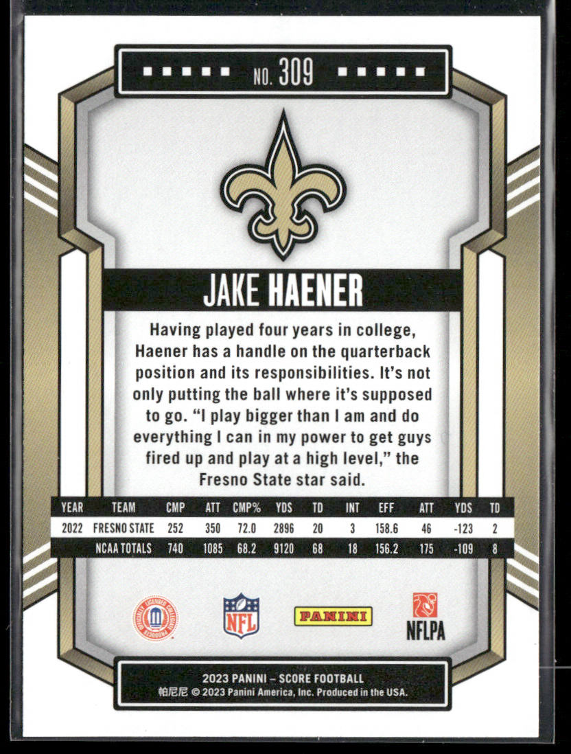 Jake Haener 2023 Score #309 RC New Orleans Saints