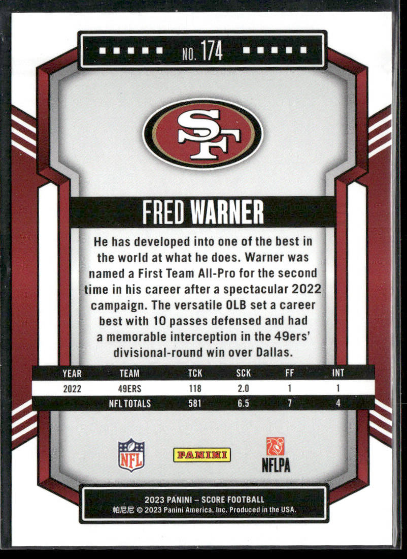 Fred Warner 2023 Score Gold #174 San Francisco 49ers