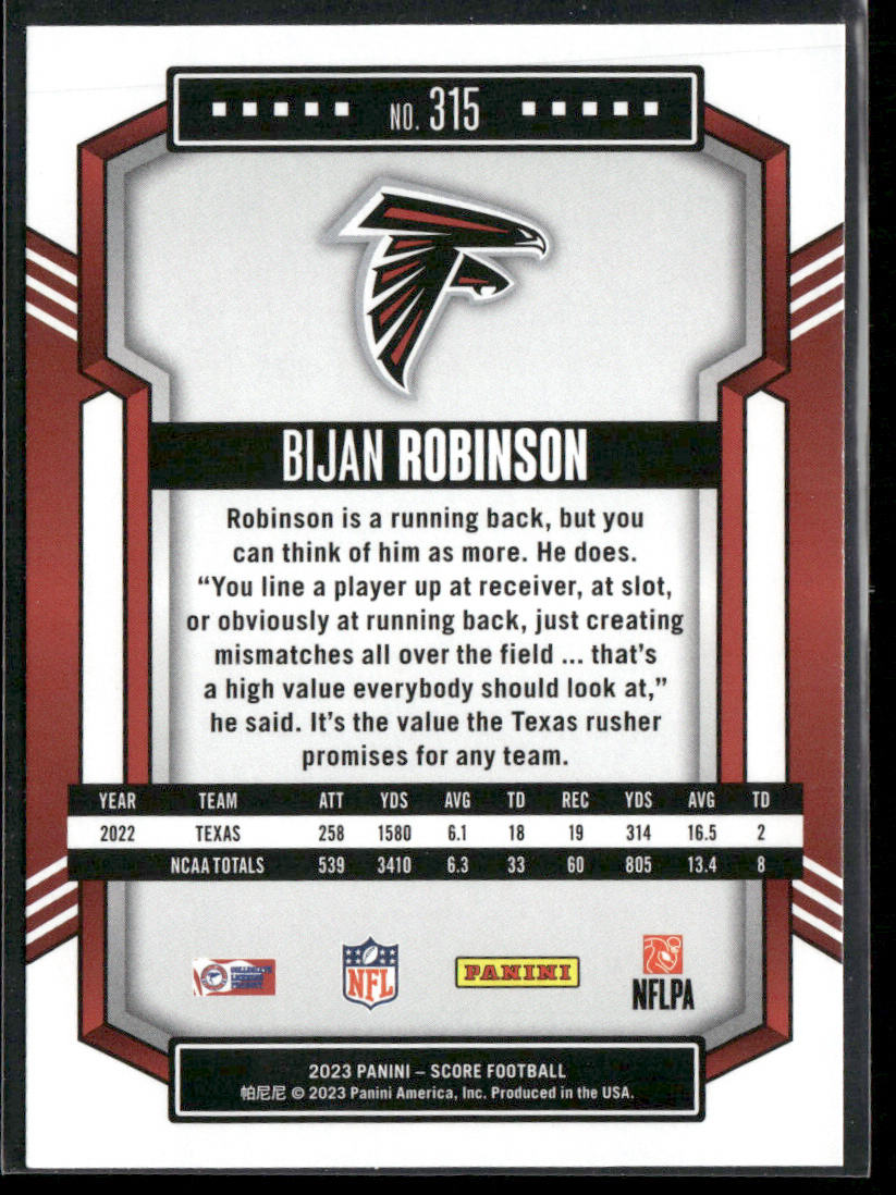 Bijan Robinson 2023 Score #315 RC Atlanta Falcons