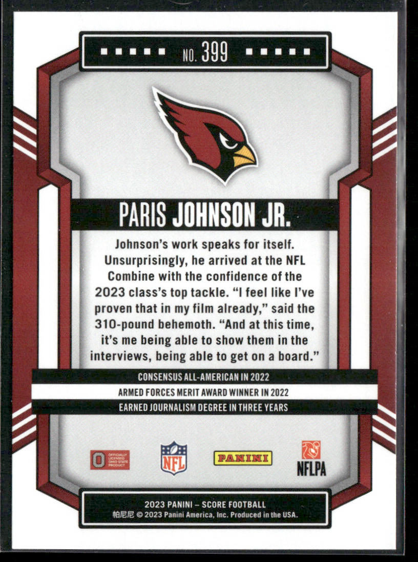 Paris Johnson Jr. 2023 Score #399 RC Arizona Cardinals
