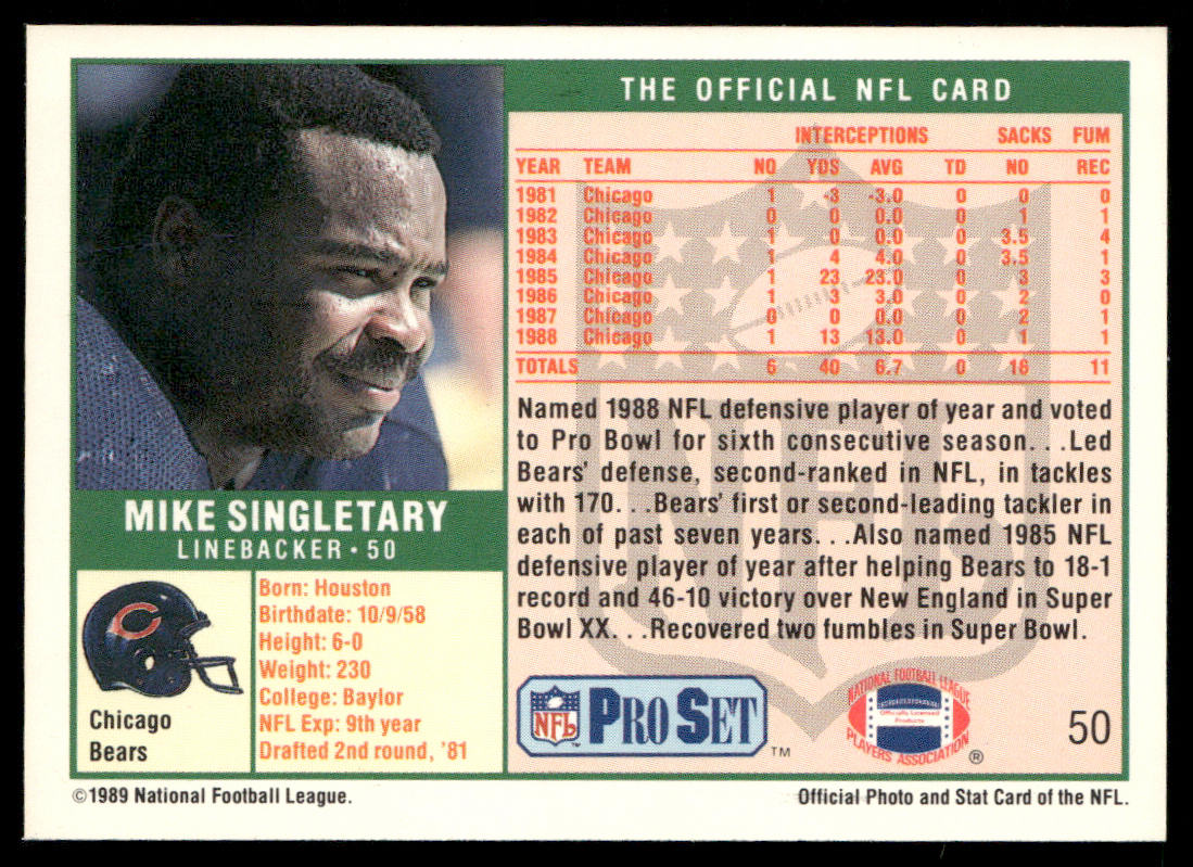 Mike Singletary 1989 Pro Set #50 Chicago Bears