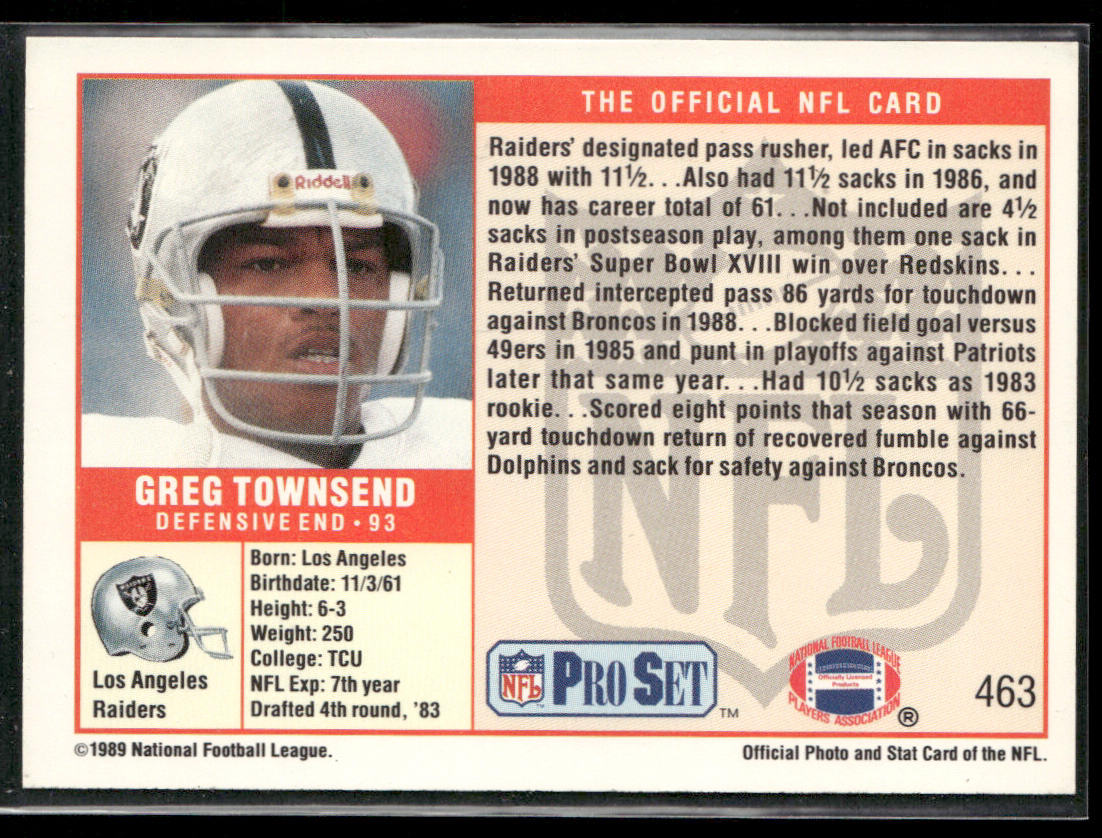 Greg Townsend 1989 Pro Set #463 Los Angeles Raiders