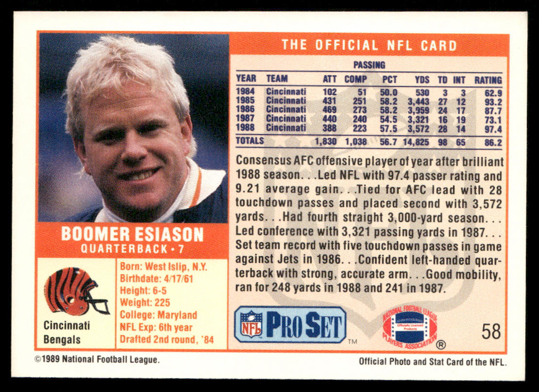 Boomer Esiason 1989 Pro Set #58 Cincinnati Bengals
