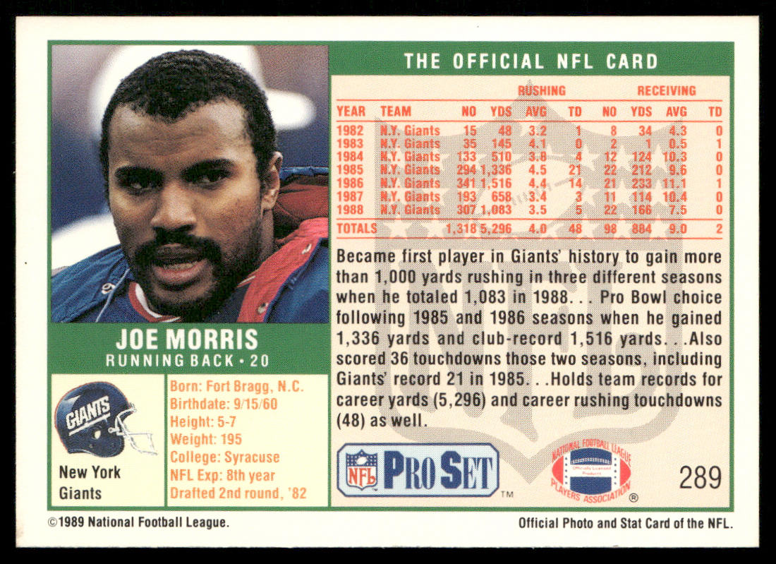 Joe Morris 1989 Pro Set #289 New York Giants