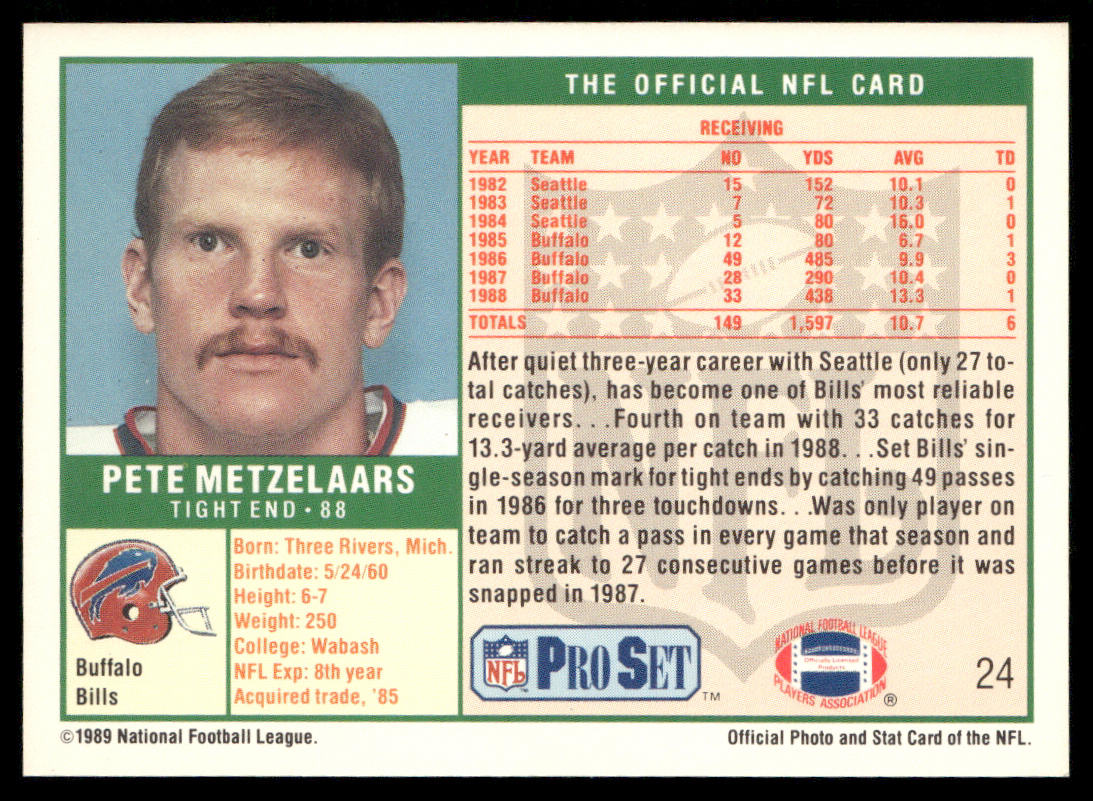 Pete Metzelaars 1989 Pro Set #24 Buffalo Bills