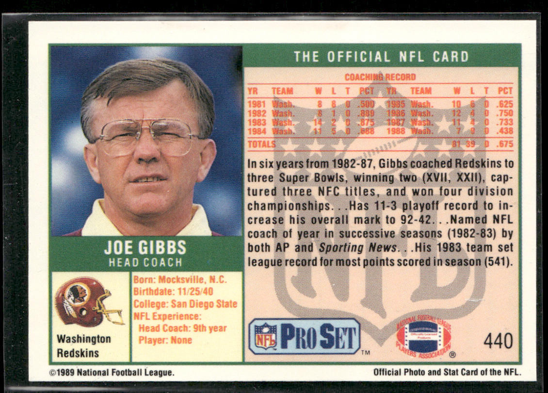 Joe Gibbs 1989 Pro Set #440 Washington Redskins