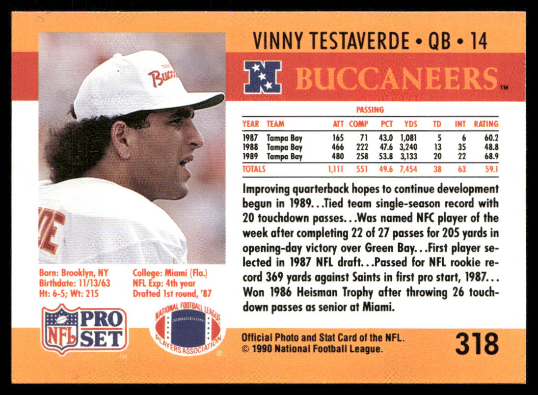 Vinny Testaverde 1990 Pro Set #318 Tampa Bay Buccaneers