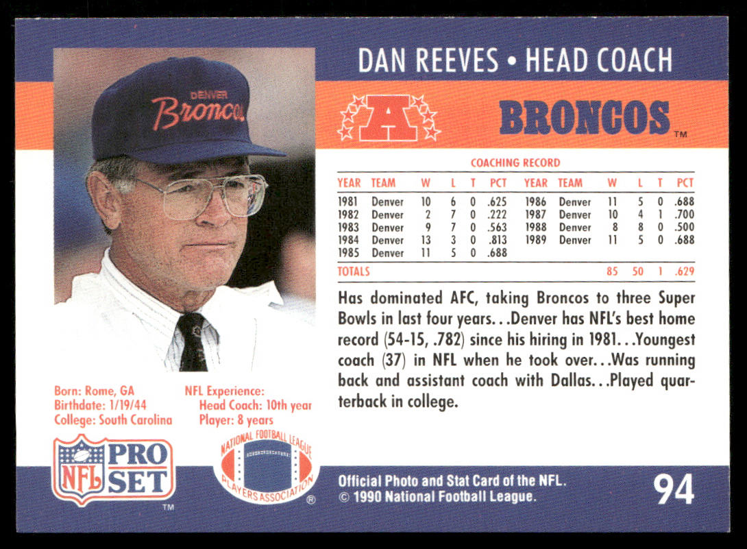 Dan Reeves 1990 Pro Set #94 Denver Broncos