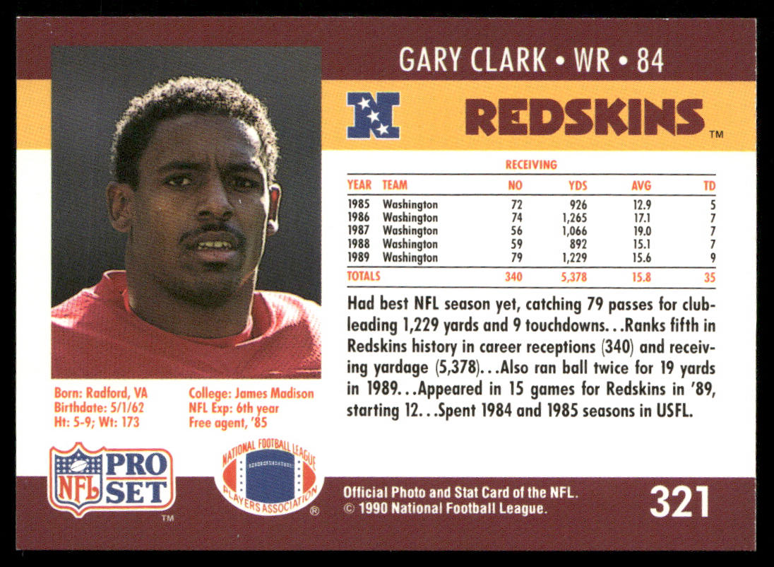 Gary Clark 1990 Pro Set #321 Washington Redskins