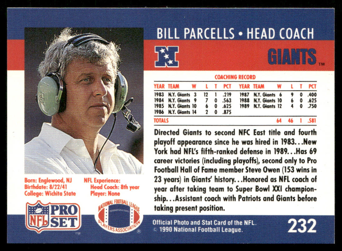 Bill Parcells 1990 Pro Set #232 New York Giants