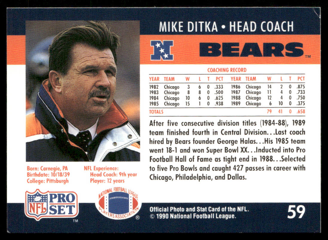 Mike Ditka 1990 Pro Set #59b Smaller HOF print on front banner Chicago Bears