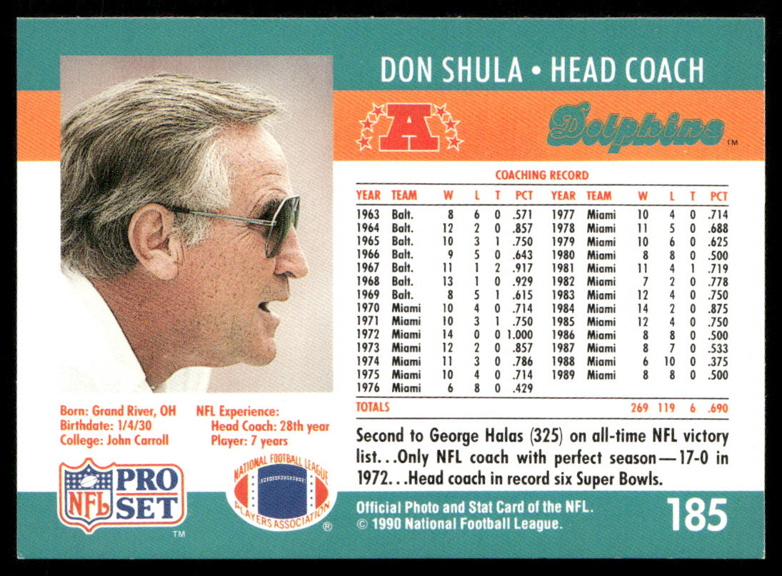 Don Shula 1990 Pro Set #185 Miami Dolphins