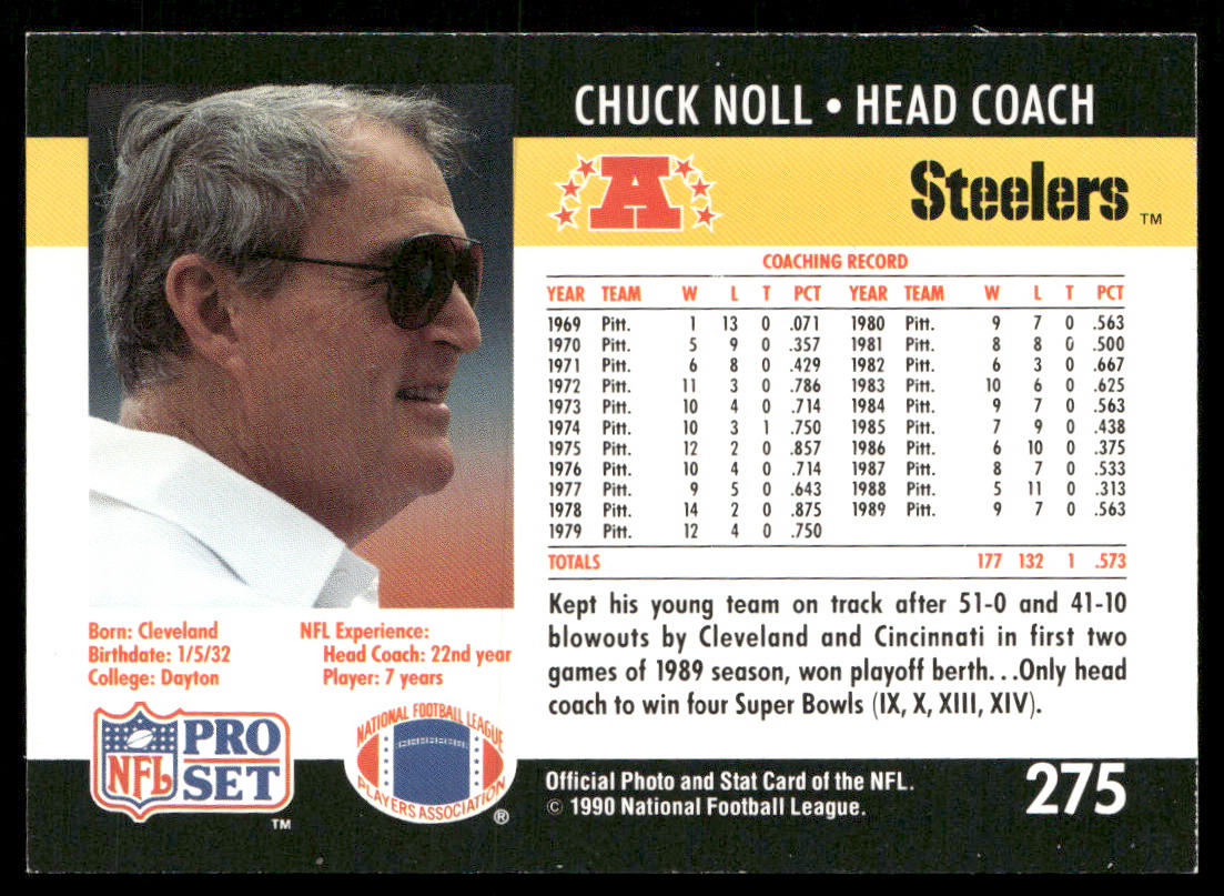 Chuck Noll 1990 Pro Set #275 Pittsburgh Steelers