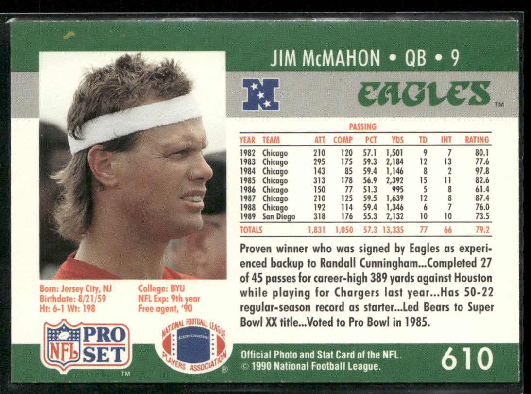 Jim McMahon 1990 Pro Set #610 Philadelphia Eagles
