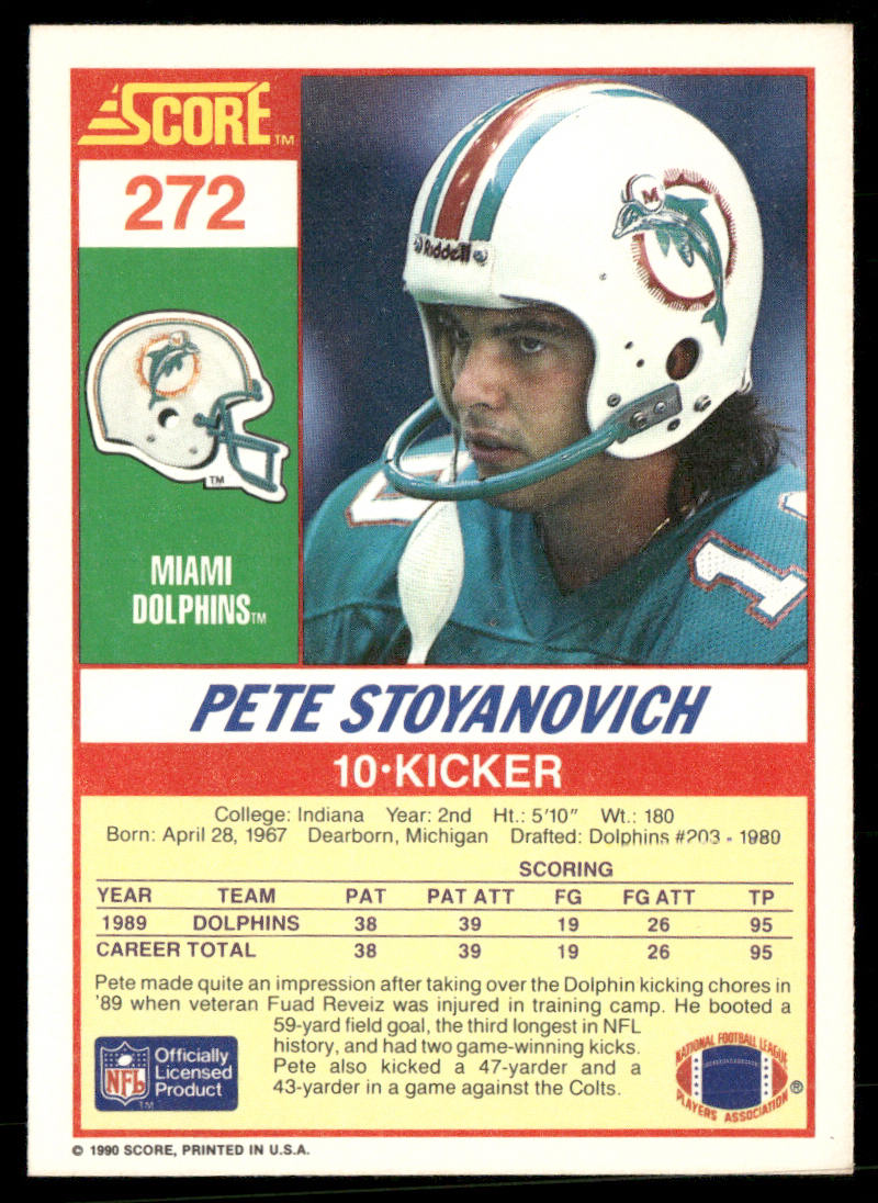 Pete Stoyanovich 1990 Score #272 RC Miami Dolphins