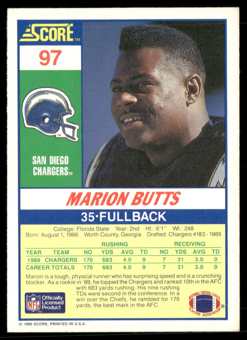 Marion Butts 1990 Score #97 San Diego Chargers
