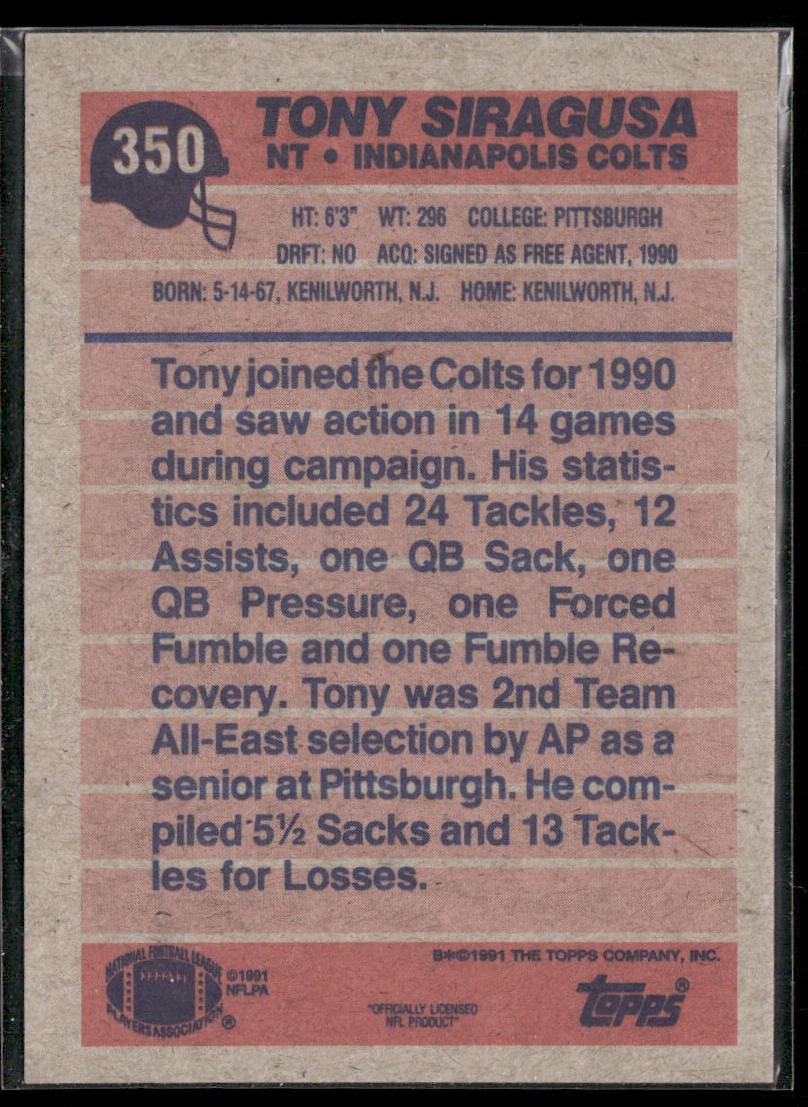 Tony Siragusa 1991 Topps #350 RC Indianapolis Colts