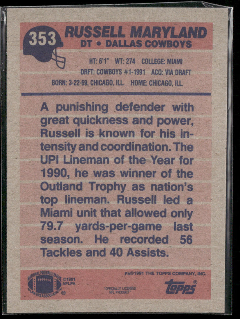 Russell Maryland 1991 Topps #353b RC Dallas Cowboys