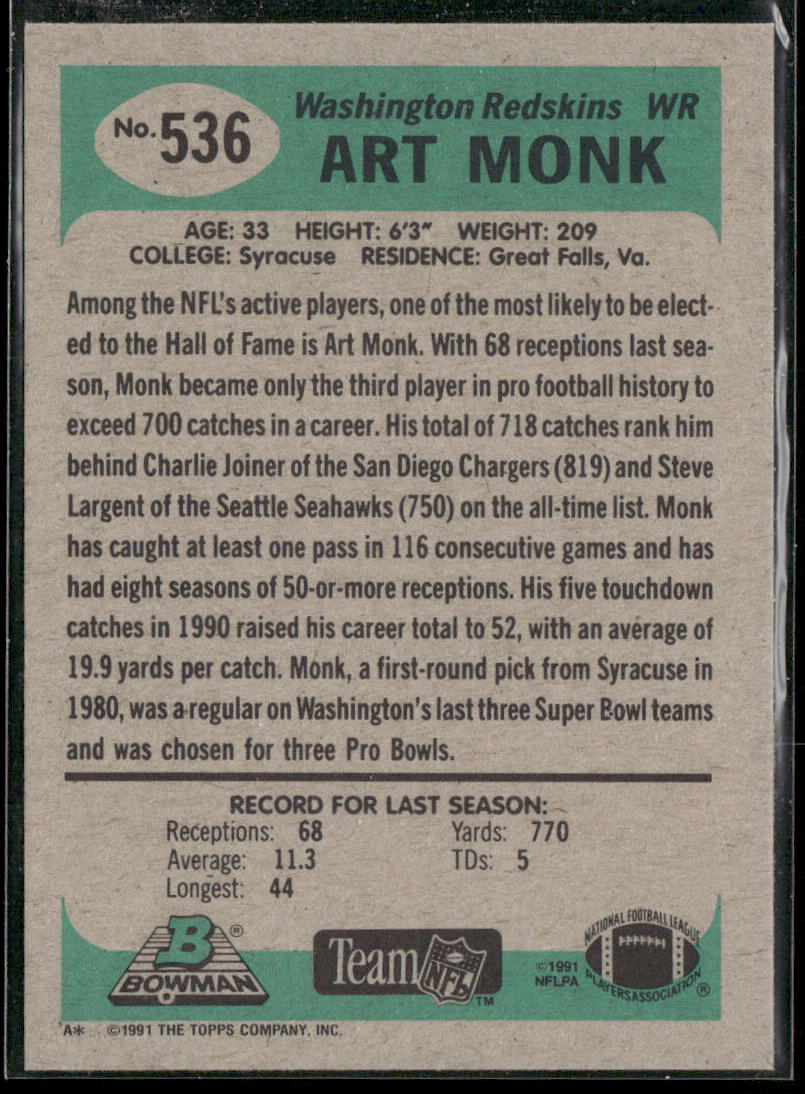 Art Monk 1991 Bowman #536 Washington Redskins