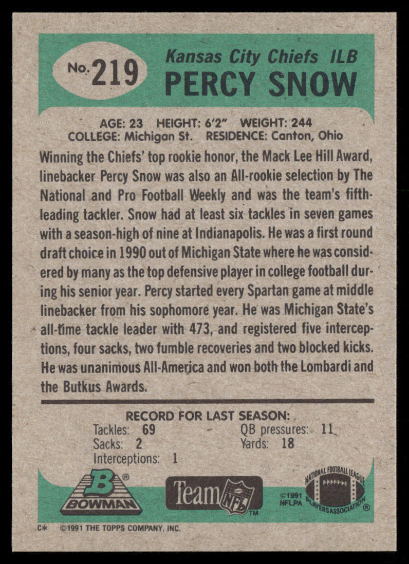 Percy Snow 1991 Bowman #219 Kansas City Chiefs