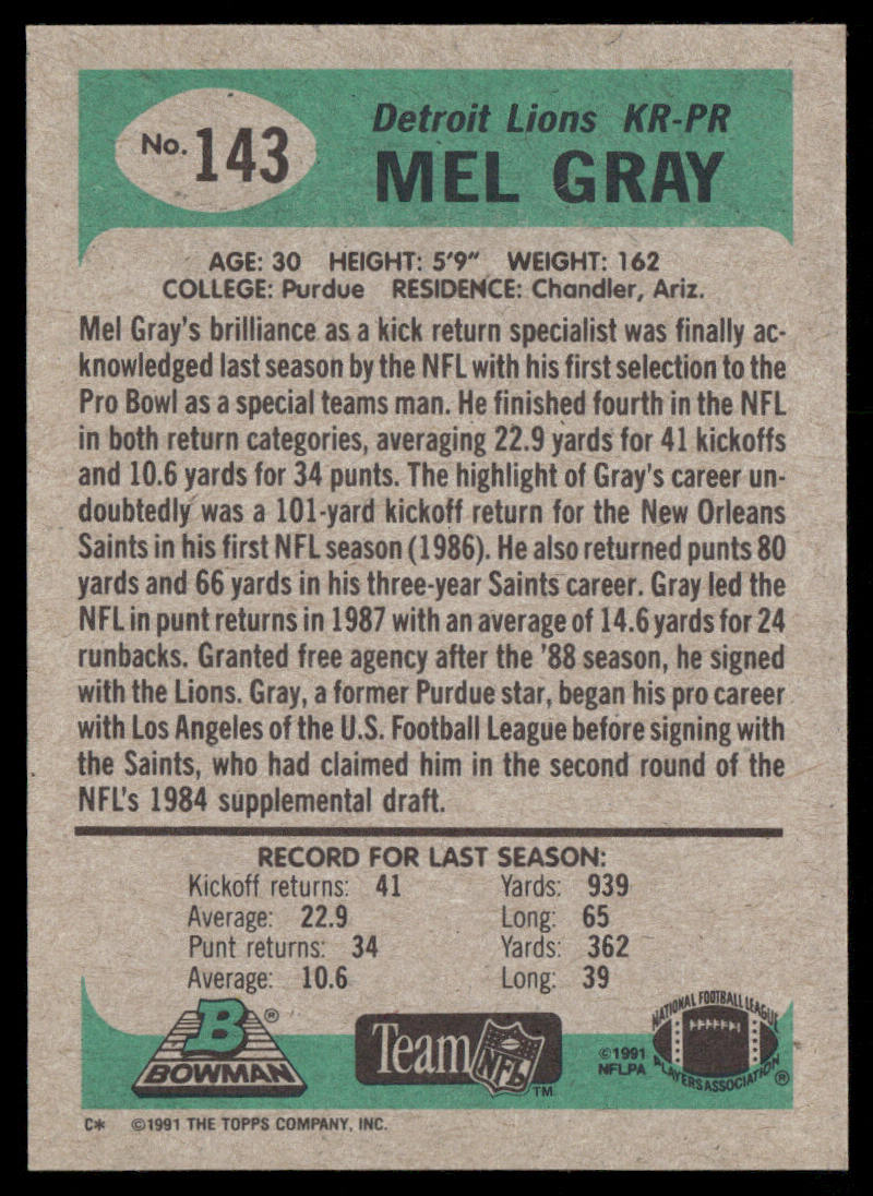 Mel Gray 1991 Bowman #143 Detroit Lions
