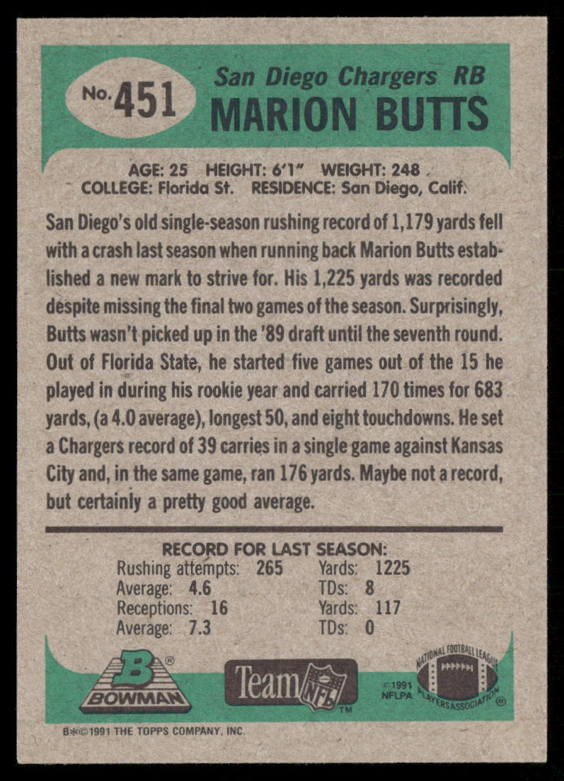 Marion Butts 1991 Bowman #451 San Diego Chargers