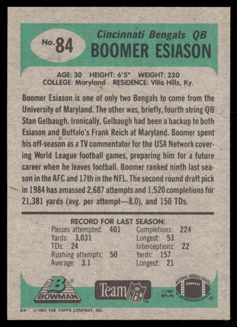 Boomer Esiason 1991 Bowman #84 Cincinnati Bengals