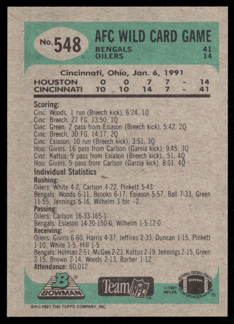 Road to Super Bowl XXV: Bengals vs. Oilers 1991 Bowman #548b