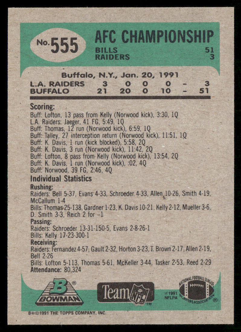Road to Super Bowl XXV: Bills vs. Raiders 1991 Bowman #555b