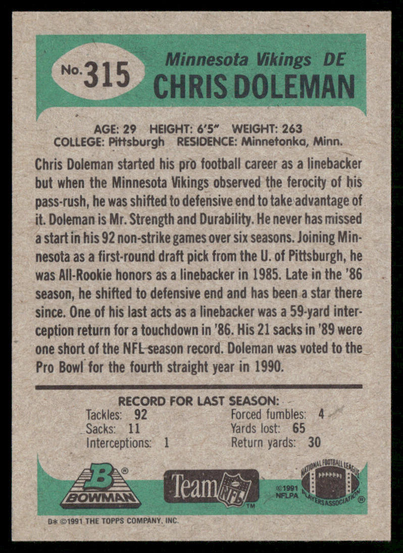 Chris Doleman 1991 Bowman #315 Minnesota Vikings