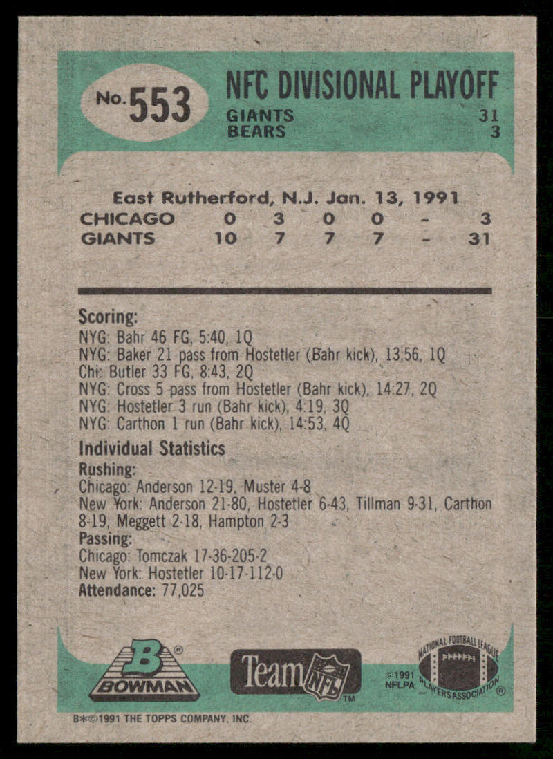 Road to Super Bowl XXV: Giants vs. Bears 1991 Bowman #553a