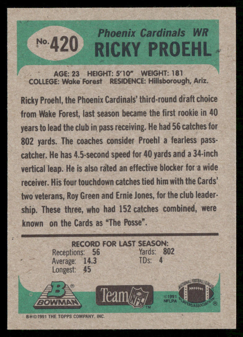 Ricky Proehl 1991 Bowman #420 Phoenix Cardinals