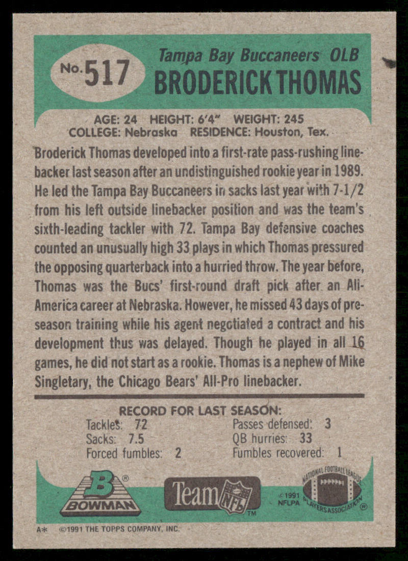Broderick Thomas 1991 Bowman #517 Tampa Bay Buccaneers