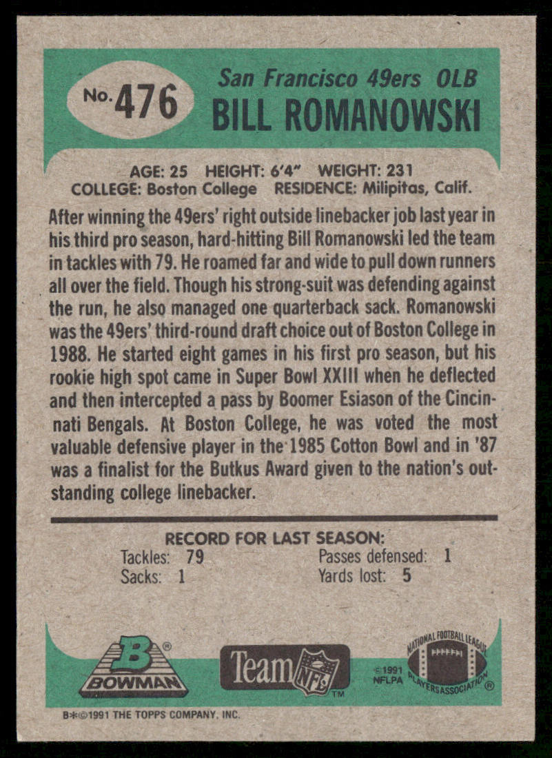 Bill Romanowski 1991 Bowman #476 San Francisco 49ers