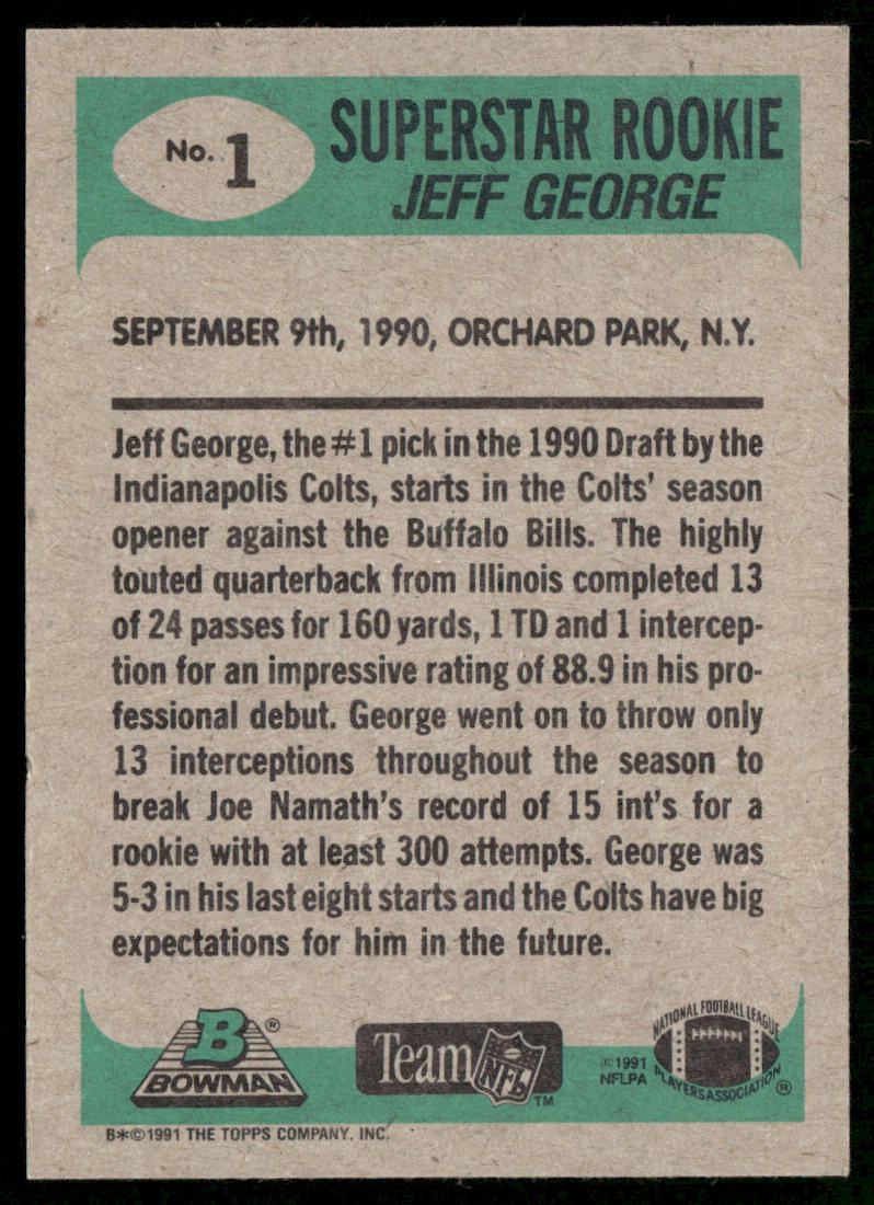 Jeff George 1991 Bowman #1a A* in copyright on back Indianapolis Colts