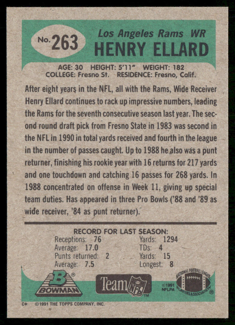 Henry Ellard 1991 Bowman #263 Los Angeles Rams