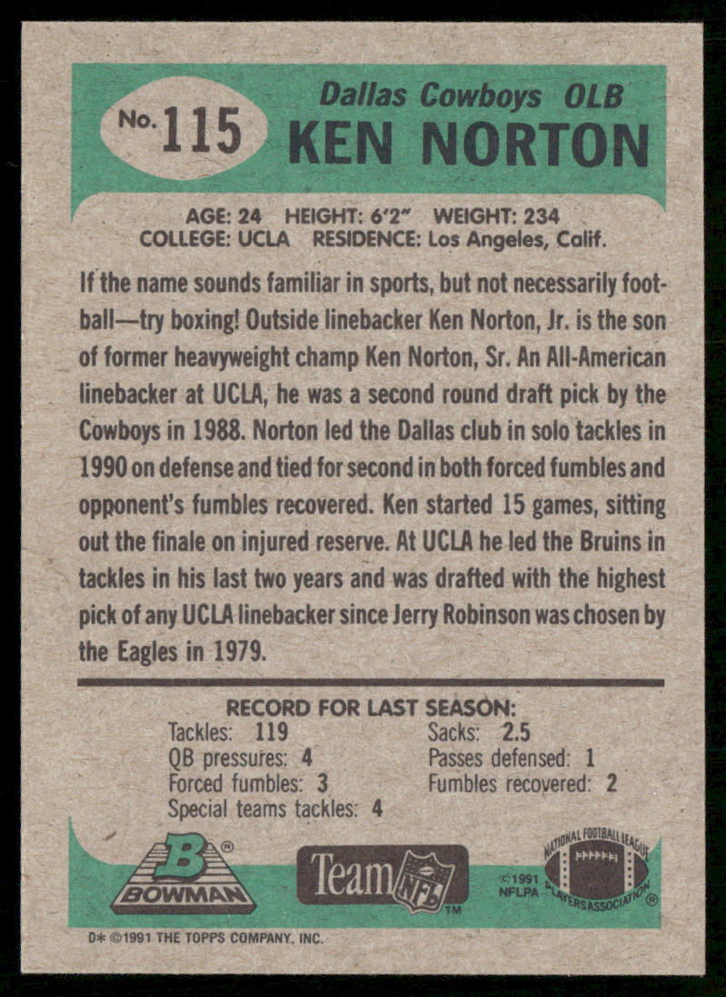 Ken Norton 1991 Bowman #115 Dallas Cowboys