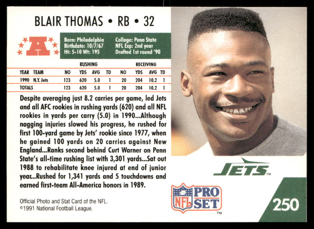Blair Thomas 1991 Pro Set #250a New York Jets