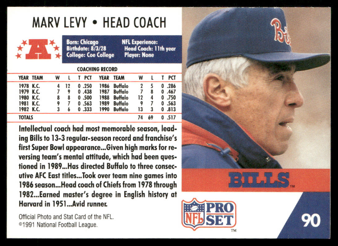 Marv Levy 1991 Pro Set #90 Buffalo Bills