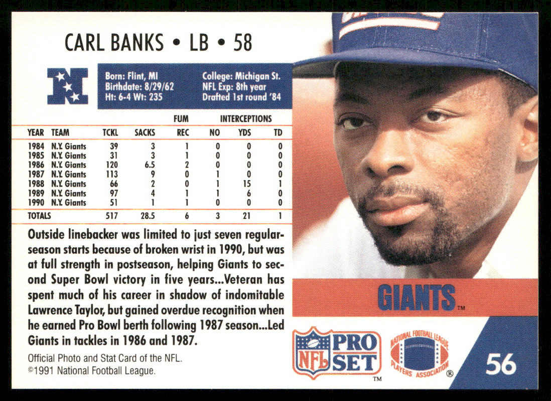 Carl Banks 1991 Pro Set #56 New York Giants